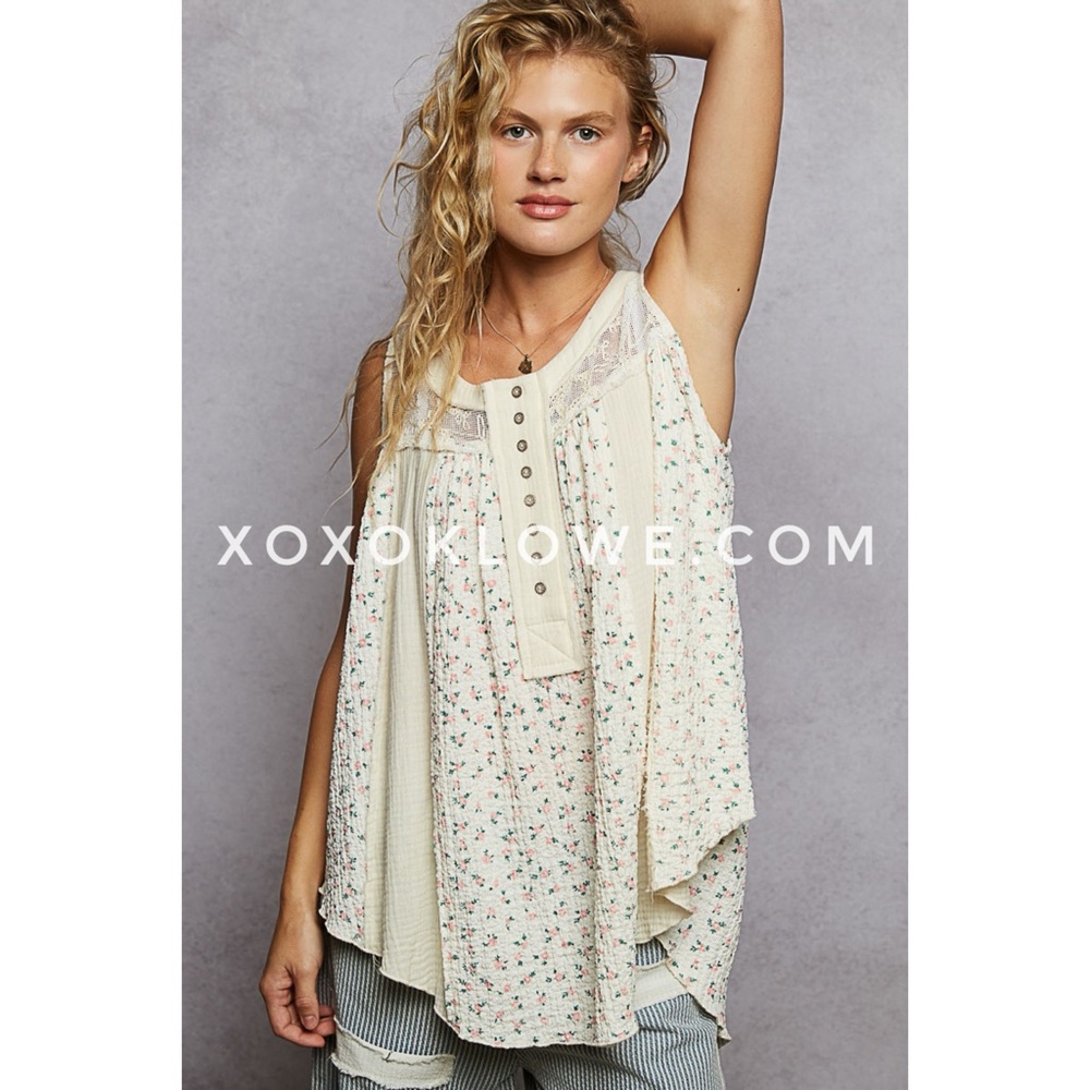 POL Cream Floral Sleeveless Button Neck Top | A Line Flowy Summer Blouse
